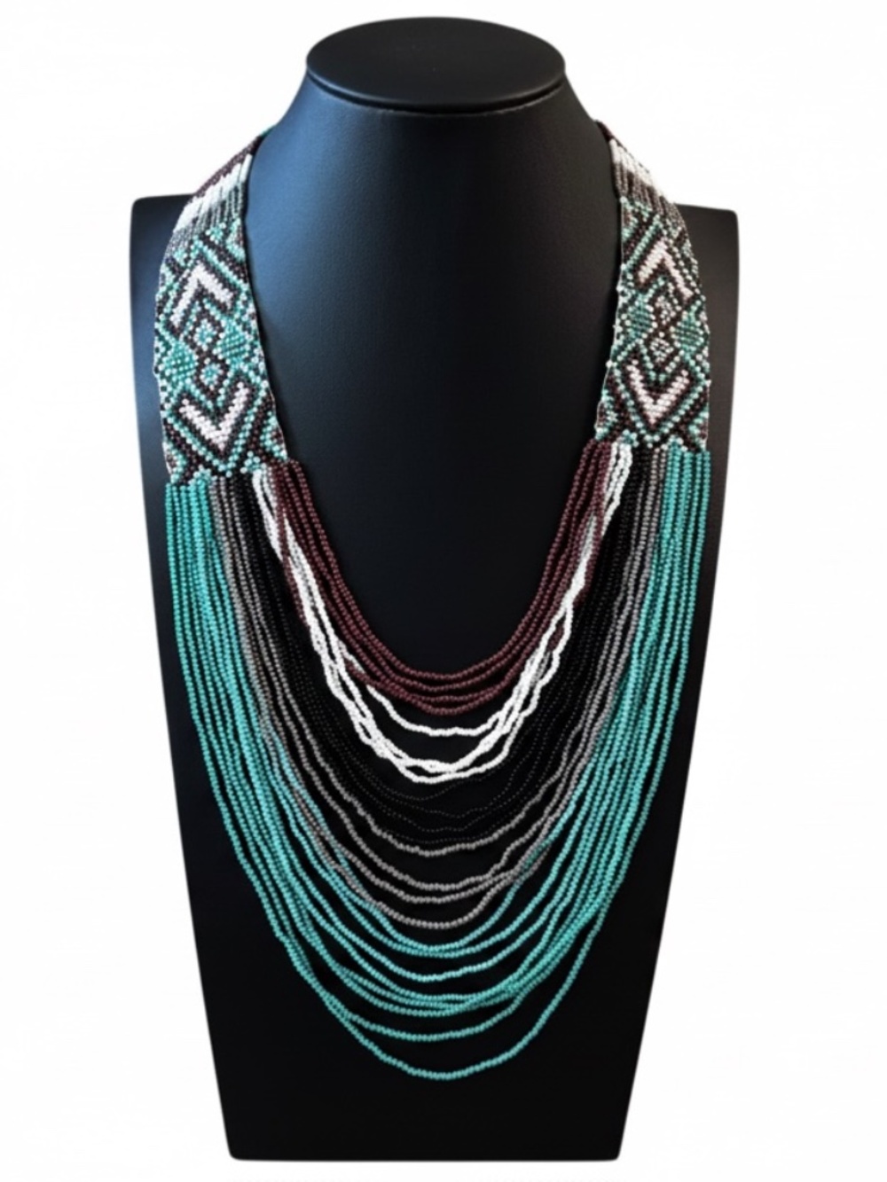 Womens Multi-Strand Beaded Turquoise White Statement  Necklace